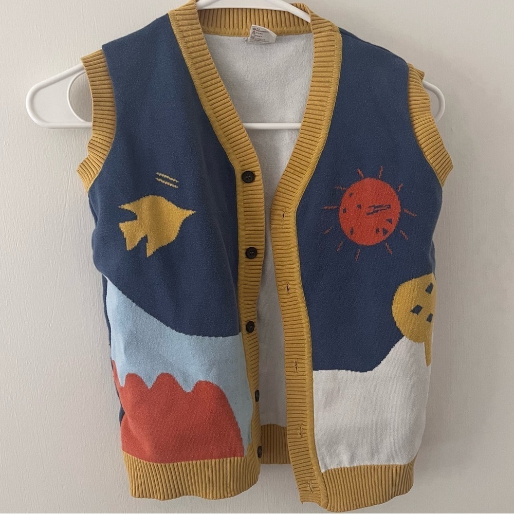 Knit Sweater Vest Little Kid 140 cm 8 yrs Lightweight Landscape Fish Blue Yellow